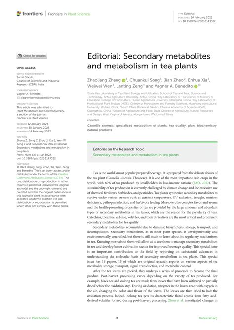 pimaytea|Editorial: Secondary metabolites and metabolism in tea plants.